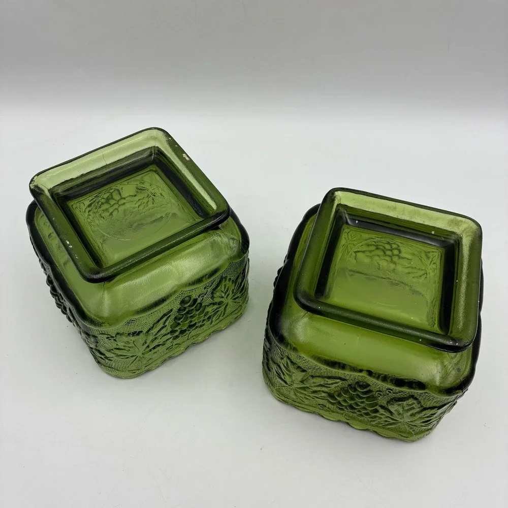 Vintage Green Harvest Grape Glass Planters Square Scalloped Pedestal Set of 2